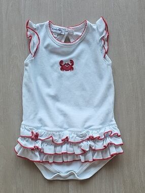 Magnolia Baby White & Coral Ruffle Baby One-Piece Bodysuit with Crab Embroidery